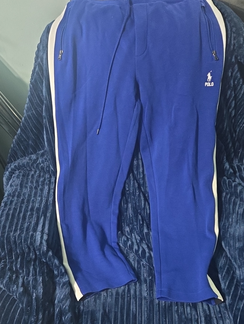 Polo by Ralph Lauren Menโs Blue Jogger Pants with White Side Stripes